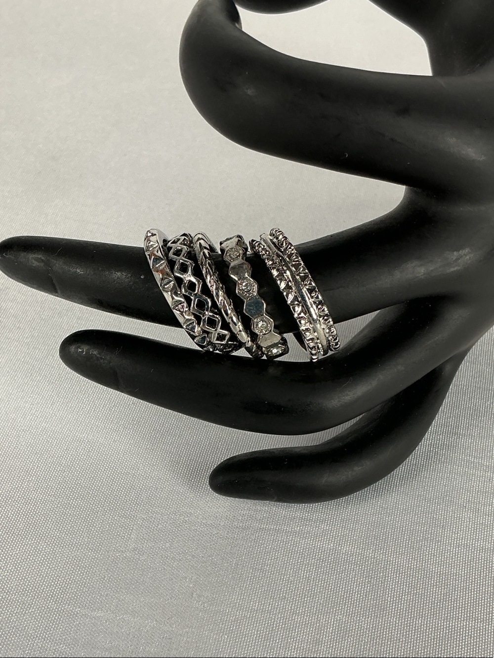 Silver Tone Rhinestone Stackable Ring Set 5 Costume Fashion Bands Size 8